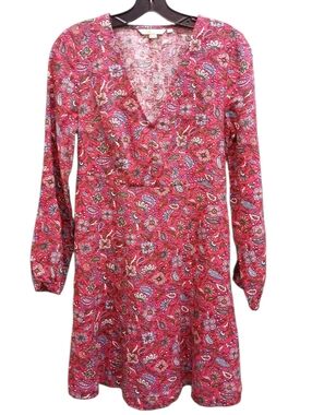 Boden Linen Red Paisley V-Neck Long-Sleeve Dress Size 2